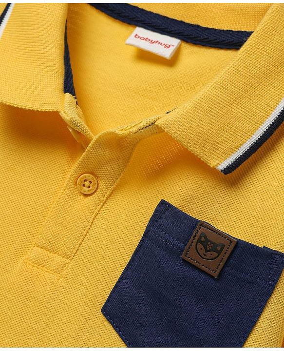Babyhug Single Jersey Knit Half Sleeves Polo T-Shirt & Shorts Set with Text Print - Yellow & Blue