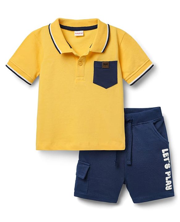 Babyhug Single Jersey Knit Half Sleeves Polo T-Shirt & Shorts Set with Text Print - Yellow & Blue