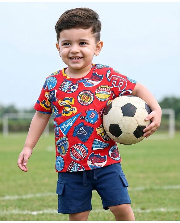 Babyhug Single Jersey Knit Half Sleeves T-Shirt & Shorts Set with Sports Theme Print - Red & Blue