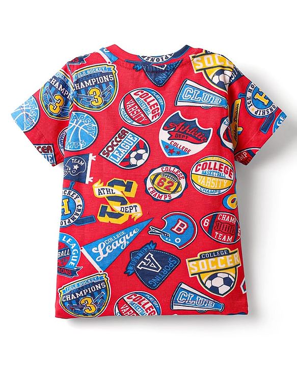 Babyhug Single Jersey Knit Half Sleeves T-Shirt & Shorts Set with Sports Theme Print - Red & Blue