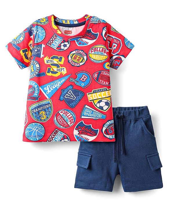 Babyhug Single Jersey Knit Half Sleeves T-Shirt & Shorts Set with Sports Theme Print - Red & Blue