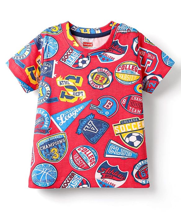 Babyhug Single Jersey Knit Half Sleeves T-Shirt & Shorts Set with Sports Theme Print - Red & Blue