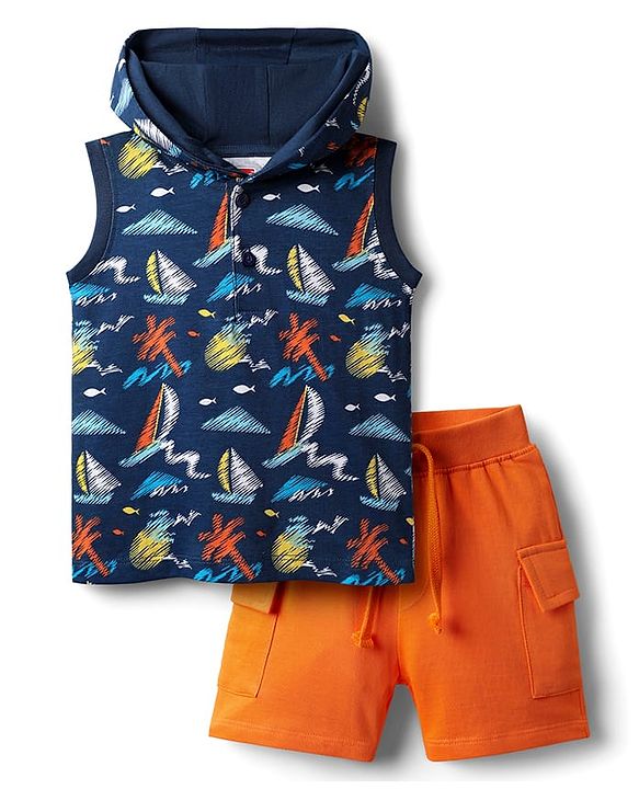 Babyhug Slub Jersey Knit Sleeveless  Cap Sleeves Top & Denim Shorts with Butterfly Embroidery - Dark Pink & Blue main image 1