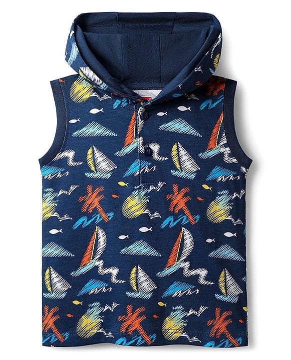 Babyhug Single Jersey Knit Sleeveless Hooded T-Shirt & Shorts Set With Boat Print - Navy Blue & Orange
