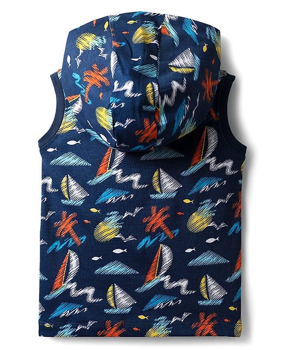 Babyhug Single Jersey Knit Sleeveless Hooded T-Shirt & Shorts Set With Boat Print - Navy Blue & Orange