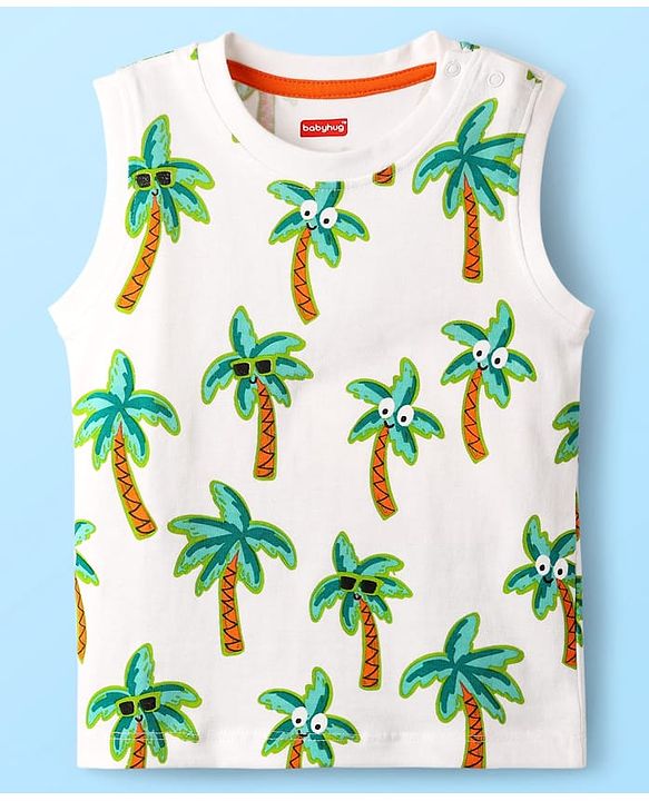 Babyhug Single Jersey Knit Sleeveless Tank T-Shirt & Shorts With Tropical Print - Aqua Blue & White