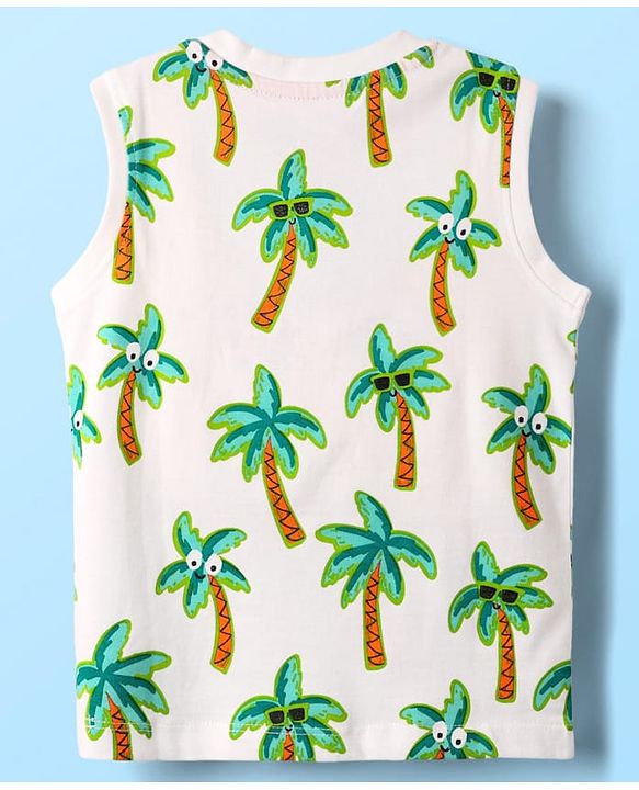 Babyhug Single Jersey Knit Sleeveless Tank T-Shirt & Shorts With Tropical Print - Aqua Blue & White