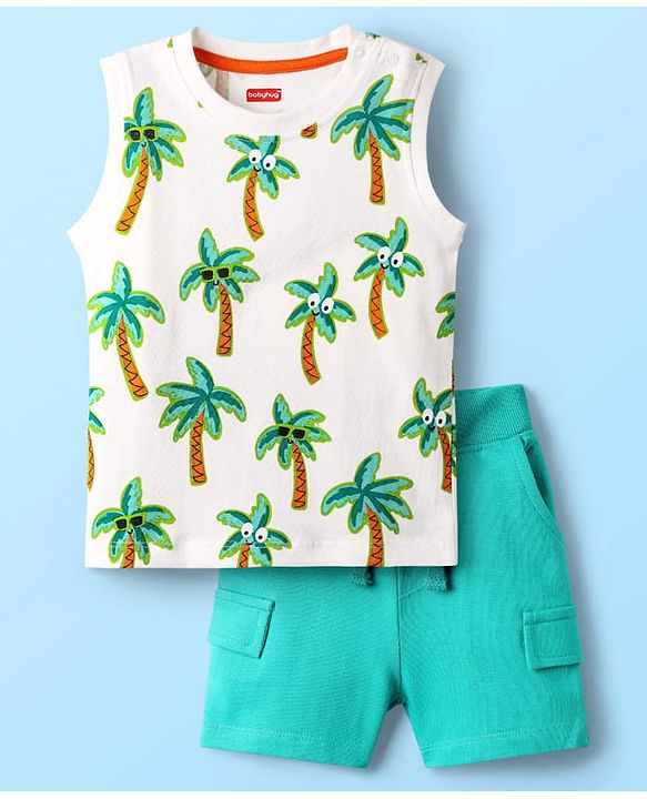 Babyhug Single Jersey Knit Sleeveless Tank T-Shirt & Shorts With Tropical Print - Aqua Blue & White