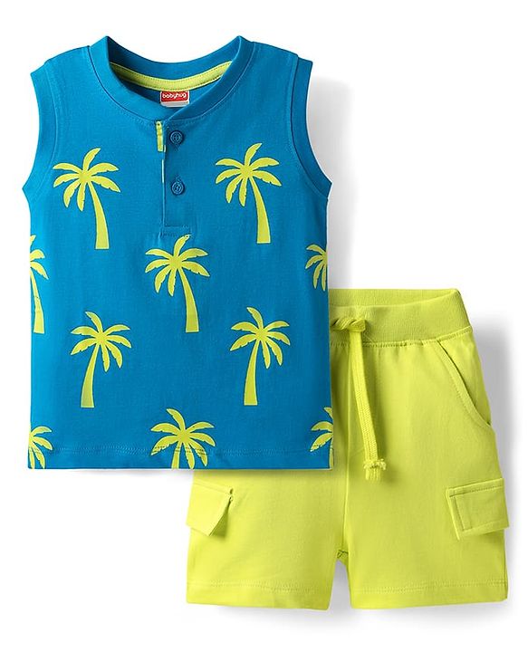 Babyhug Single Jersey Knit Sleeveless Tank T-Shirt & Shorts Set with Coconut Tree Print - Blue & Limegreen