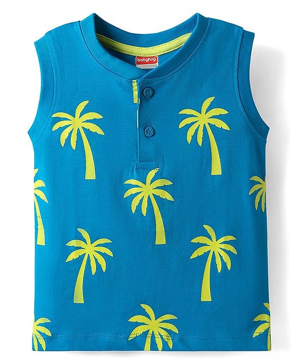 Babyhug Single Jersey Knit Sleeveless Tank T-Shirt & Shorts Set with Coconut Tree Print - Blue & Limegreen