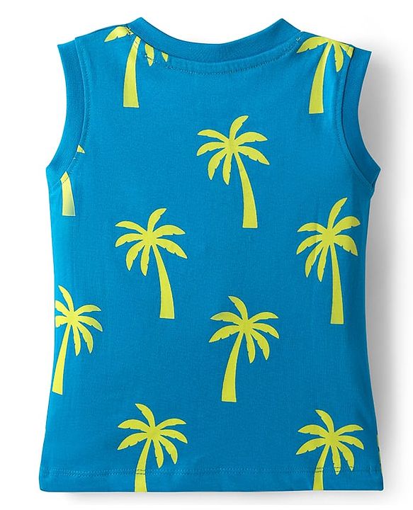 Babyhug Single Jersey Knit Sleeveless Tank T-Shirt & Shorts Set with Coconut Tree Print - Blue & Limegreen