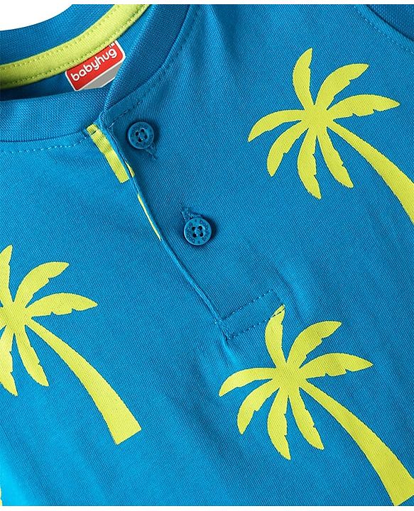 Babyhug Single Jersey Knit Sleeveless Tank T-Shirt & Shorts Set with Coconut Tree Print - Blue & Limegreen