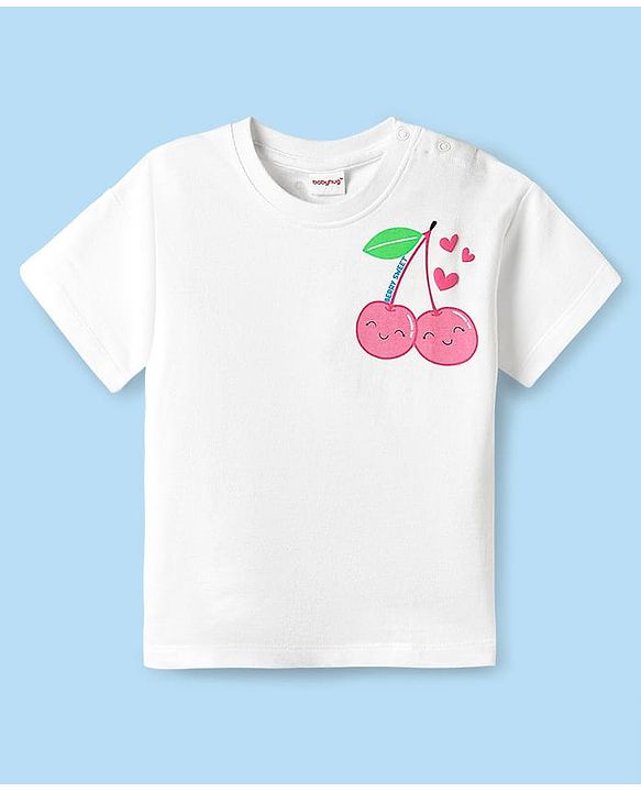 Babyhug Cotton Knit Half Sleeves T-shirt With Cherry Print - White