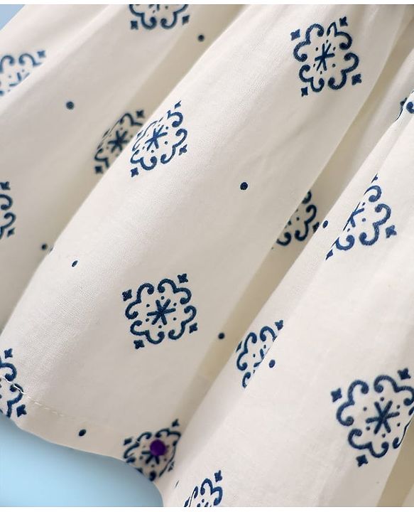 Babyhug Cotton Woven Sleeveless Ethnic Dress With Cambric Print - White & Blue