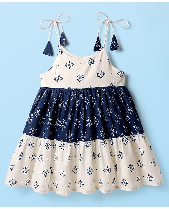 Babyhug Cotton Woven Sleeveless Ethnic Dress With Cambric Print - White & Blue