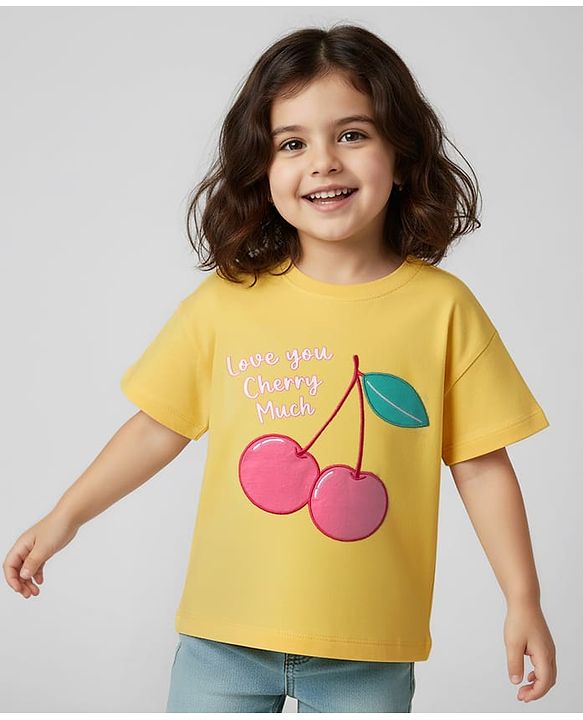Babyhug Cotton Knit Half Sleeves T-Shirt with Cherry Print - Yellow