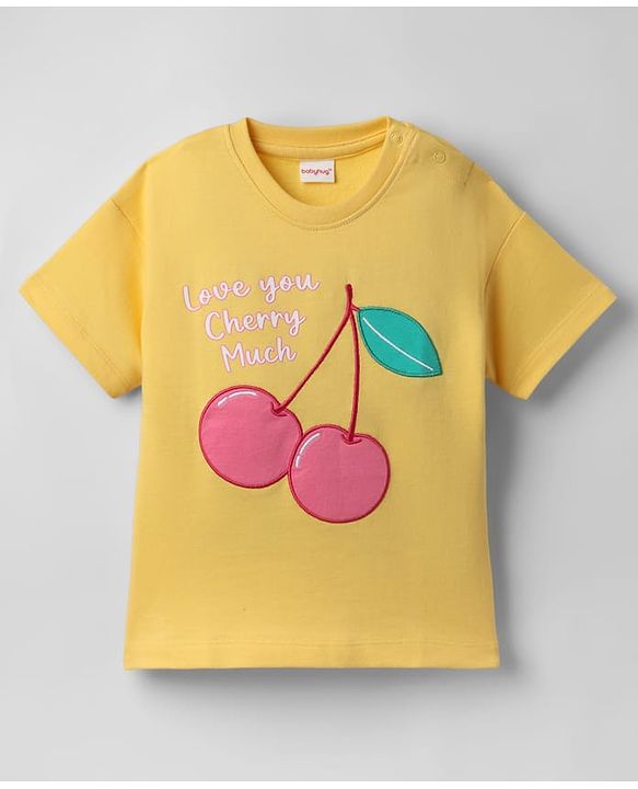 Babyhug Cotton Knit Half Sleeves T-Shirt with Cherry Print - Yellow