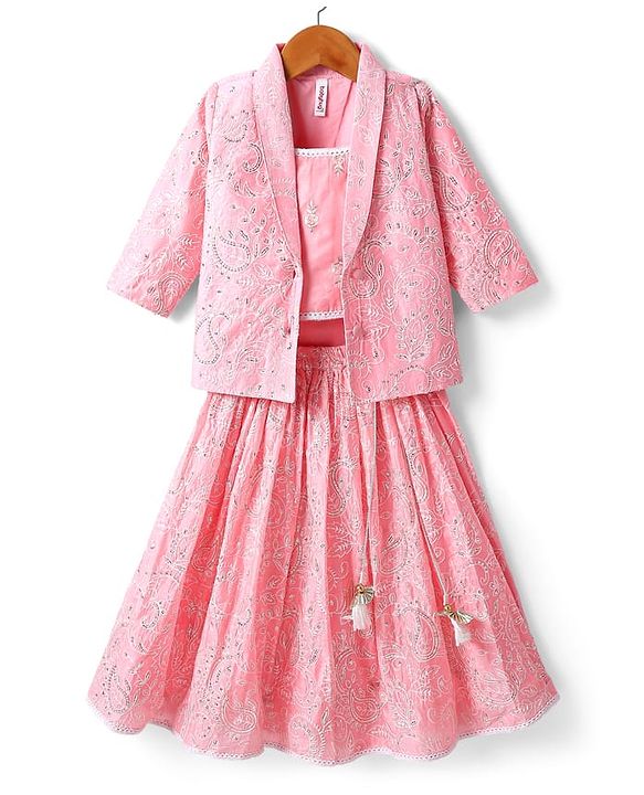 Babyhug Woven Embroidered Lehenga Choli Set With Full Sleeves Jacket - Pink