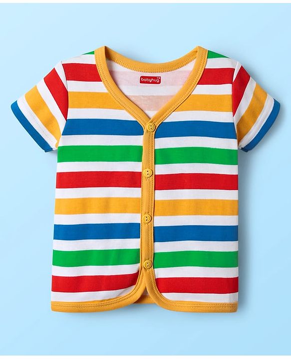 Babyhug 100% Cotton Knit Half Sleeves Front Open jhablas with Bear Print & Stripes Pack of 3 - Yellow & White