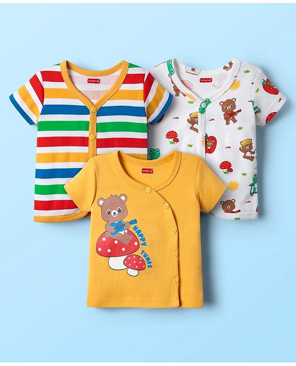 Babyhug 100% Cotton Knit Half Sleeves Front Open jhablas with Bear Print & Stripes Pack of 3 - Yellow & White
