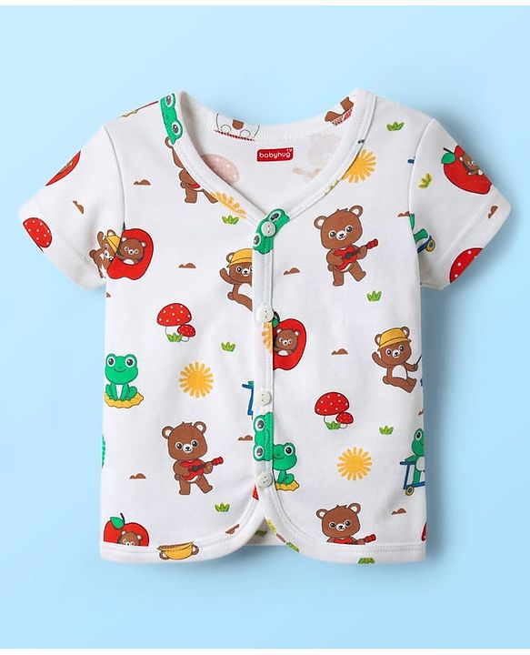 Babyhug 100% Cotton Knit Half Sleeves Front Open jhablas with Bear Print & Stripes Pack of 3 - Yellow & White