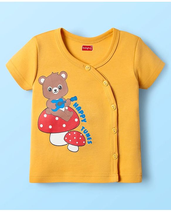 Babyhug 100% Cotton Knit Half Sleeves Front Open jhablas with Bear Print & Stripes Pack of 3 - Yellow & White