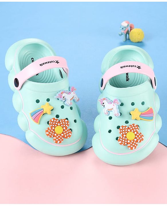 Cute Walk by Babyhug Backstrap Closure Clogs With Unicorn & Floral Applique - Light Blue.