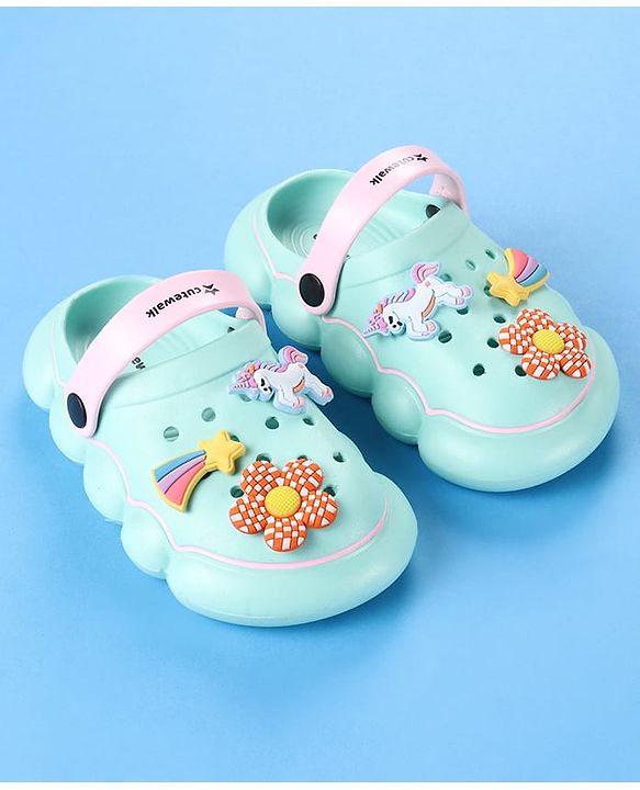Cute Walk by Babyhug Backstrap Closure Clogs With Unicorn & Floral Applique - Light Blue.