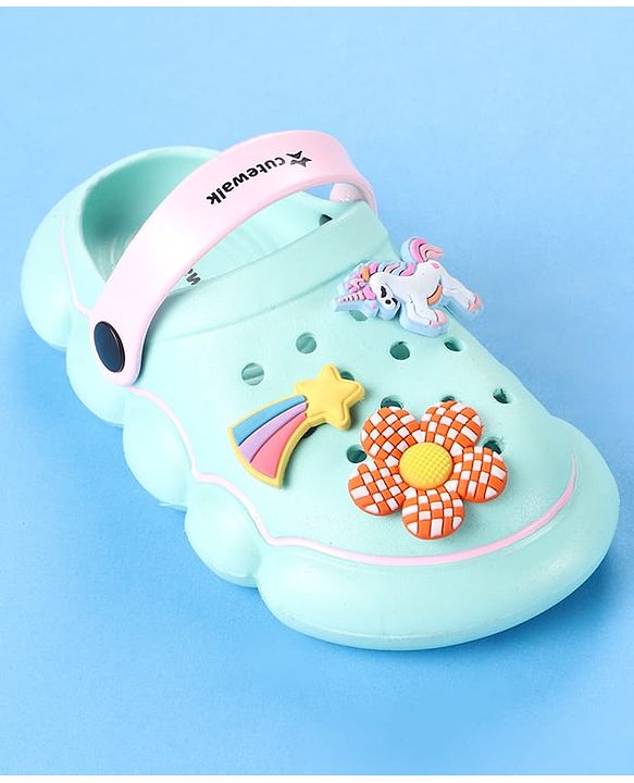 Cute Walk by Babyhug Backstrap Closure Clogs With Unicorn & Floral Applique - Light Blue.