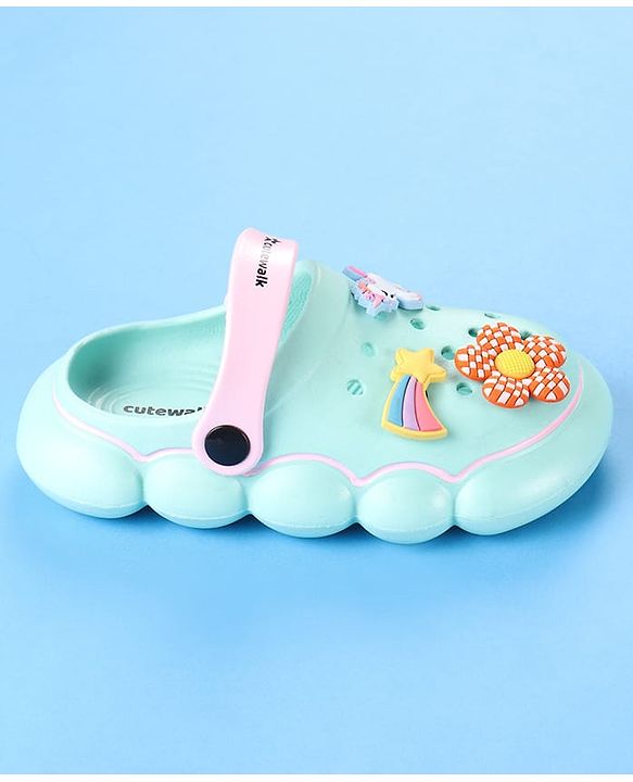 Cute Walk by Babyhug Backstrap Closure Clogs With Unicorn & Floral Applique - Light Blue.