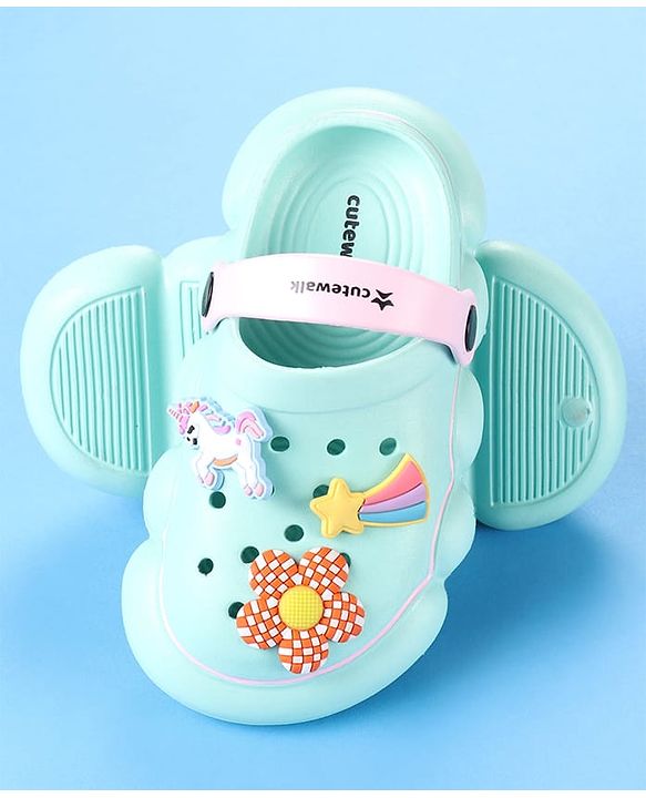 Cute Walk by Babyhug Backstrap Closure Clogs With Unicorn & Floral Applique - Light Blue.
