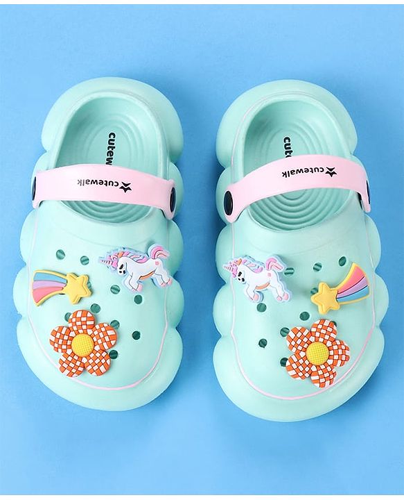 Cute Walk by Babyhug Backstrap Closure Clogs With Unicorn & Floral Applique - Light Blue.