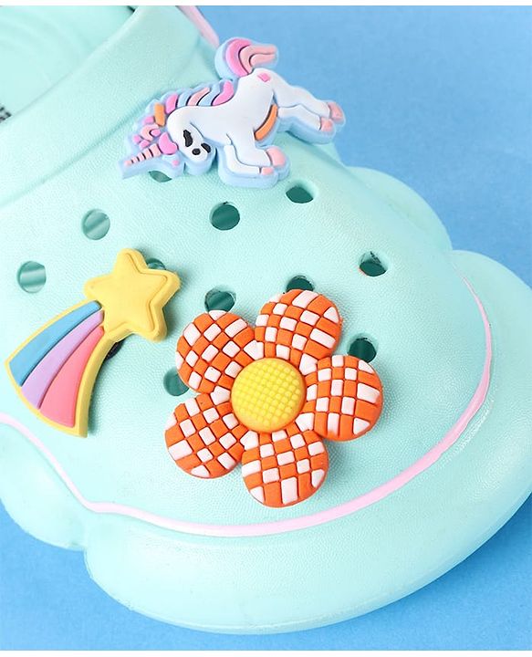 Cute Walk by Babyhug Backstrap Closure Clogs With Unicorn & Floral Applique - Light Blue.