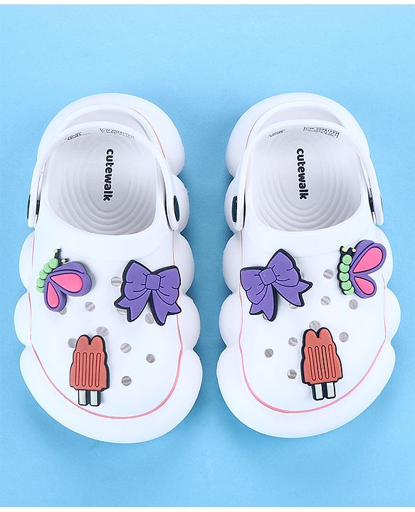 Cute Walk by Babyhug Back Strap Closure Solid Coloured Clogs With Butterfly & Bow Applique - White