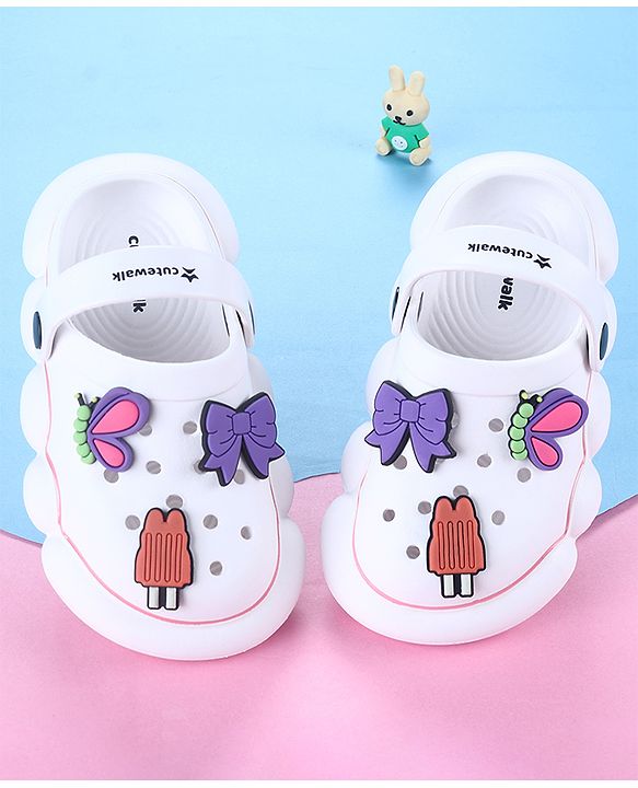 Cute Walk by Babyhug Back Strap Closure Solid Coloured Clogs With Butterfly & Bow Applique - White
