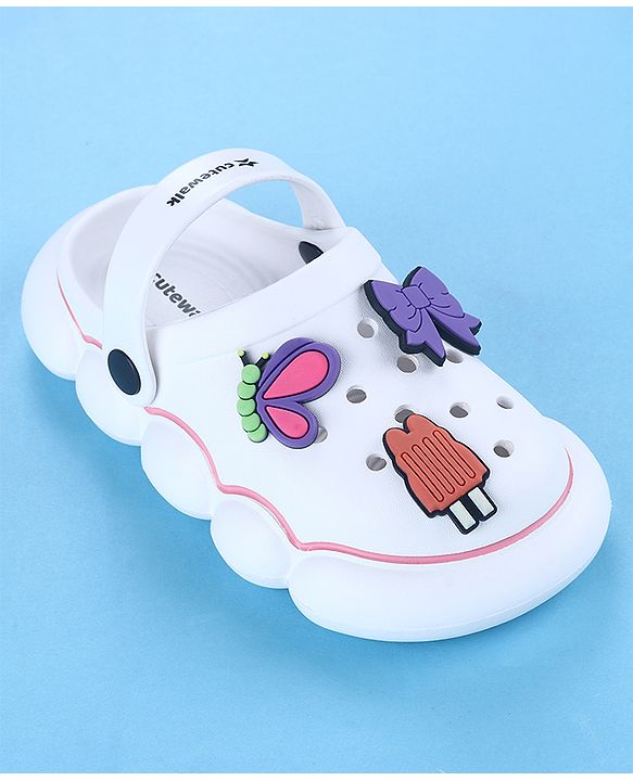 Cute Walk by Babyhug Back Strap Closure Solid Coloured Clogs With Butterfly & Bow Applique - White