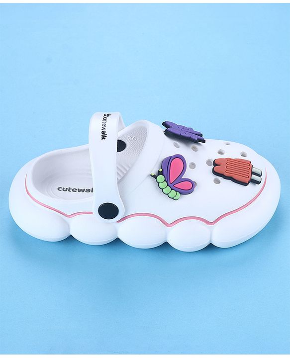 Cute Walk by Babyhug Back Strap Closure Solid Coloured Clogs With Butterfly & Bow Applique - White