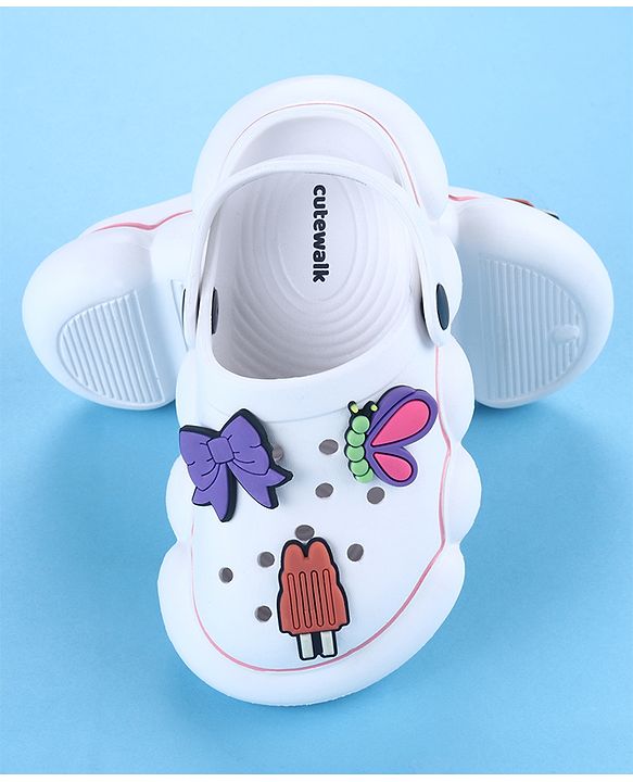 Cute Walk by Babyhug Back Strap Closure Solid Coloured Clogs With Butterfly & Bow Applique - White