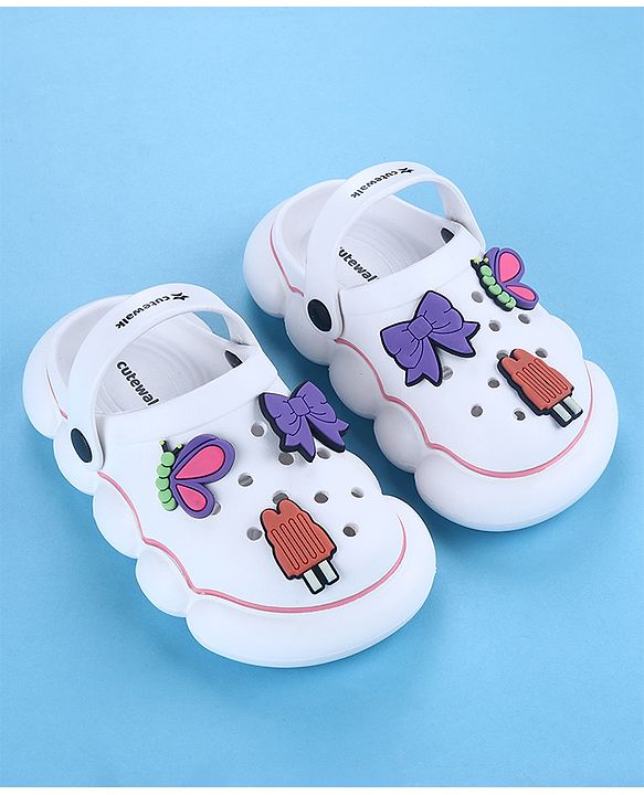 Cute Walk by Babyhug Back Strap Closure Solid Coloured Clogs With Butterfly & Bow Applique - White