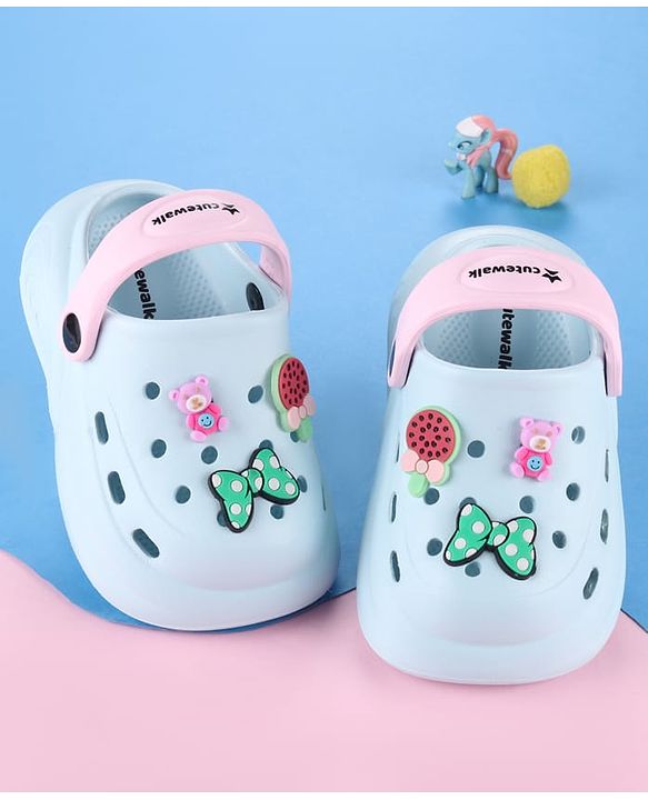 Cute Walk by Babyhug Back Strap Clogs with Bow & Bear Applique - Light Blue