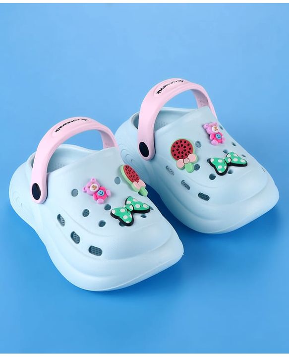 Cute Walk by Babyhug Back Strap Clogs with Bow & Bear Applique - Light Blue
