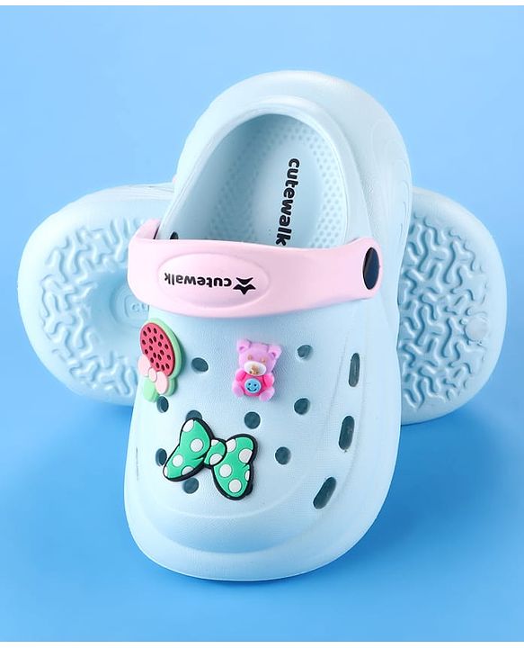 Cute Walk by Babyhug Back Strap Clogs with Bow & Bear Applique - Light Blue