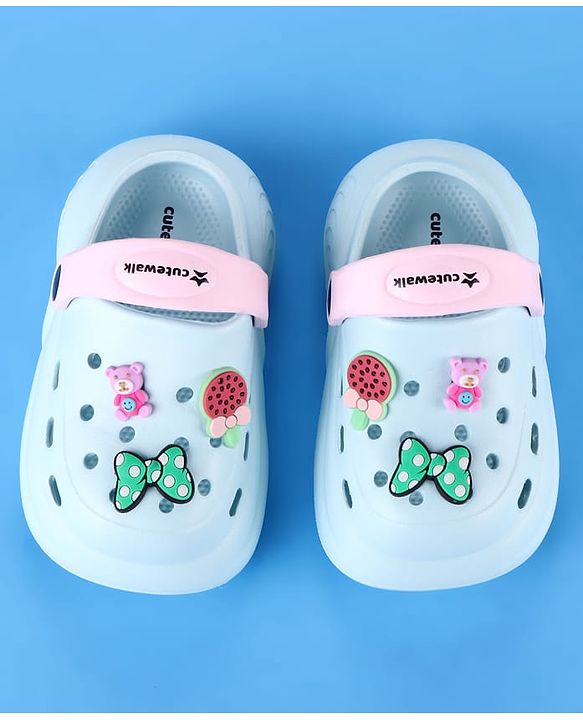 Cute Walk by Babyhug Back Strap Clogs with Bow & Bear Applique - Light Blue