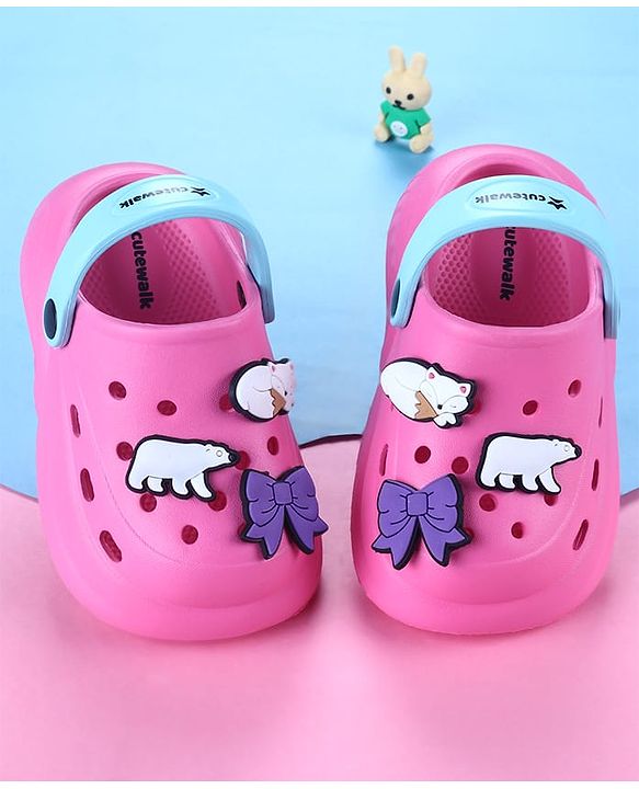 Cute Walk by Babyhug Back Strap Closure Clogs With Animal & Bow Applique - Dark Pink
