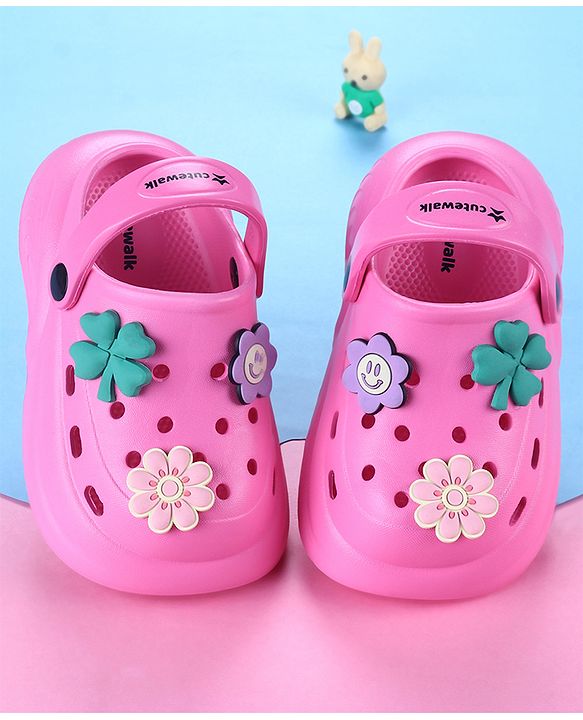 Cute Walk by Babyhug Back Strap Closure Solid Coloured Clogs With Floral Applique - Dark Pink