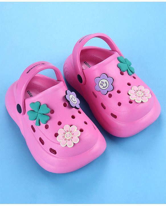 Cute Walk by Babyhug Back Strap Closure Solid Coloured Clogs With Floral Applique - Dark Pink