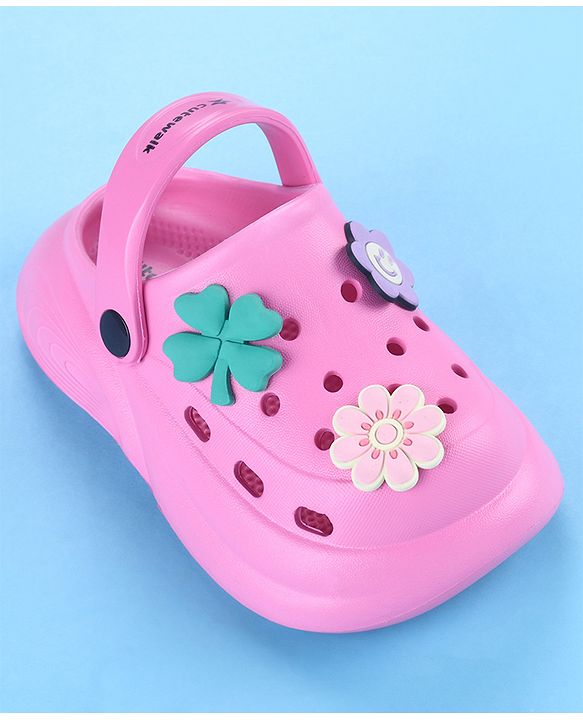 Cute Walk by Babyhug Back Strap Closure Solid Coloured Clogs With Floral Applique - Dark Pink