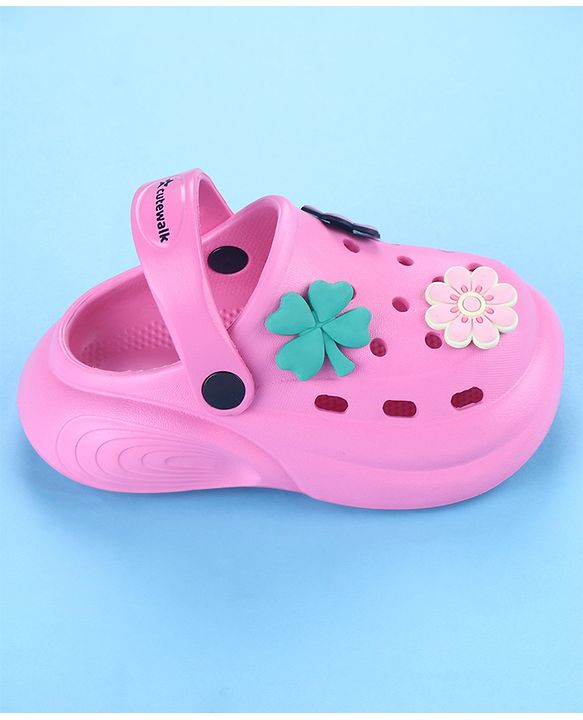 Cute Walk by Babyhug Back Strap Closure Solid Coloured Clogs With Floral Applique - Dark Pink