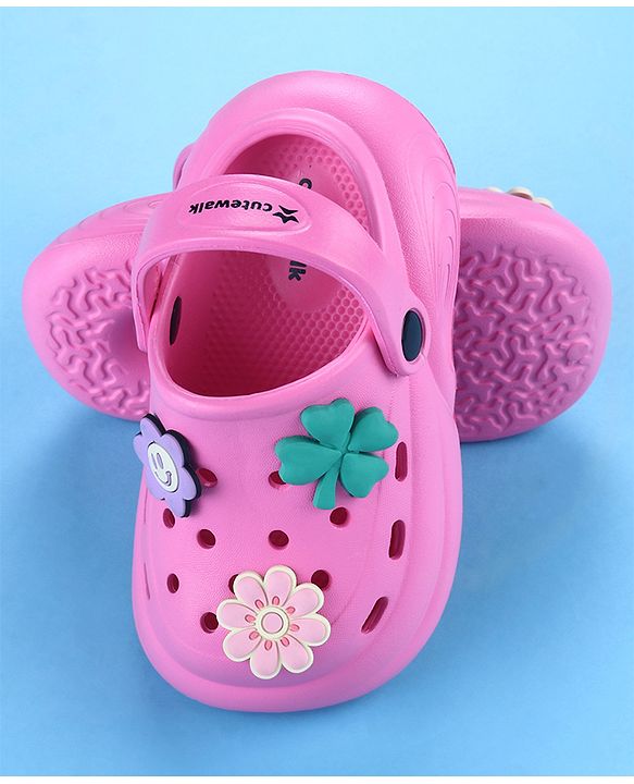 Cute Walk by Babyhug Back Strap Closure Solid Coloured Clogs With Floral Applique - Dark Pink
