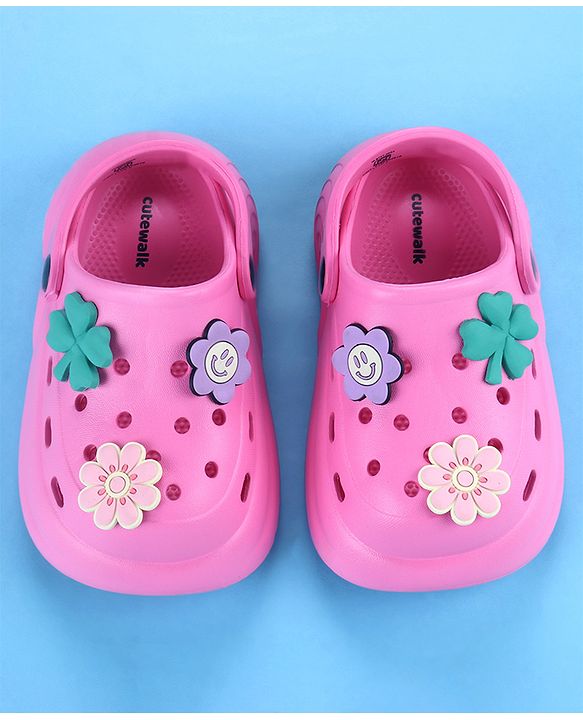 Cute Walk by Babyhug Back Strap Closure Solid Coloured Clogs With Floral Applique - Dark Pink